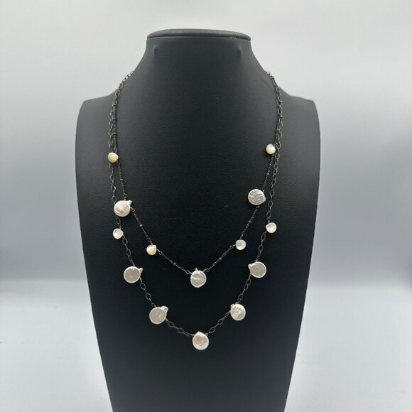 Athena Designs Coin Pearl Necklace Sterling Silver Freshwater Layered 18 Inch - Picture 9 of 12